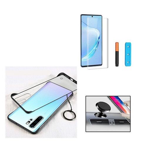 Kit Verre Trempé Nano Incurvé UV + Coque Sans Bordures + Support Magnétique de Voiture pour Samsung Note 10 - Noir