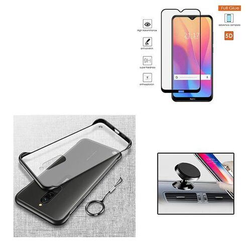 Kit De Verre Trempé 5d Full Cover + Coque Sans Bordures + Support Magnétique De Voiture Pour Xiaomi Redmi 8