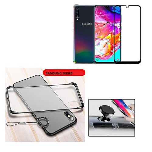 Kit De Verre Trempé 5d Full Cover + Coque Sans Bordures + Support Magnétique De Voiture Pour Samsung Galaxy A70
