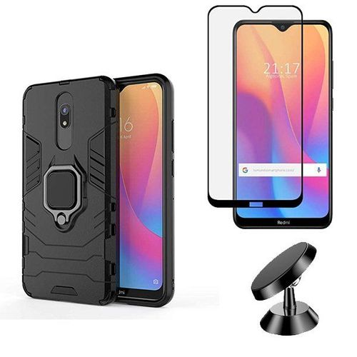 Kit De Verre Trempé 5d Full Cover + Coque 3x1 Military Defender + Support Magnétique De Voiture Pour Xiaomi Redmi 8a