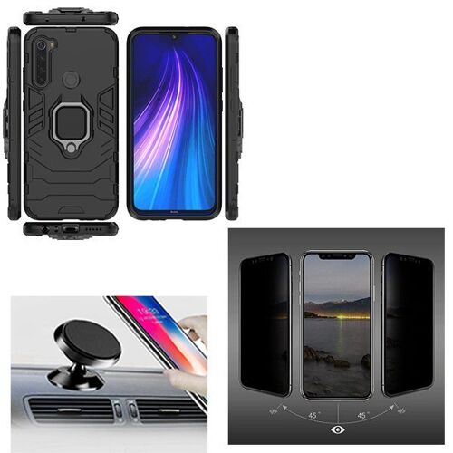 Kit De Verre Trempé 5d Anti-Spy / Intimité + Coque 3x1 Military Defender + Support Magnétique De Voiture Pour Xiaomi Redmi Note 8