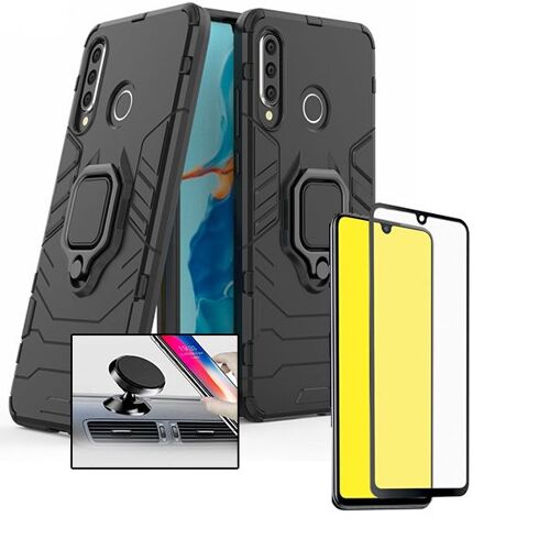 Kit De Verre Trempé 5d Full Cover + Coque 3x1 Military Defender + Support Magnétique De Voiture Pour Huawei P30 Lite New Edition