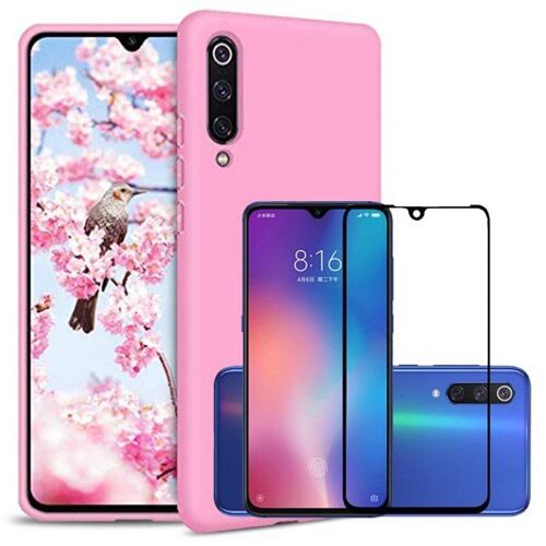 Kit de Verre Trempé 5D Full Cover + Coque Silicone Liquide Rose pour Xiaomi Mi 9