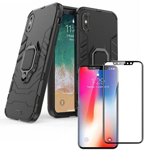 Kit De Verre Trempé 5d Full Cover + Coque 3x1 Military Defender Pour Iphone X / Xs