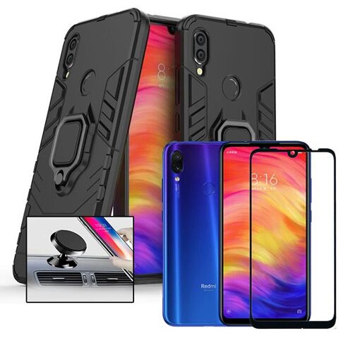 Kit De Verre Trempé 5d Full Cover + Coque 3x1 Military Defender + Support Magnétique De Voiture Pour Xiaomi Redmi 7