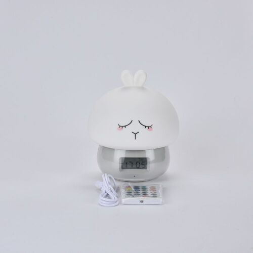 Réveil enfant en forme de lapin affichage horaire, température tête en silicone, rechargeable avec télécommande