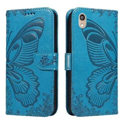 Flip Étui Pour Huawei Y5 2019 Papillon En Relief Avec Fente Pour Carte De Crédit Cuir De Haute Qualité Sangle De Main Détachable - Bleu
