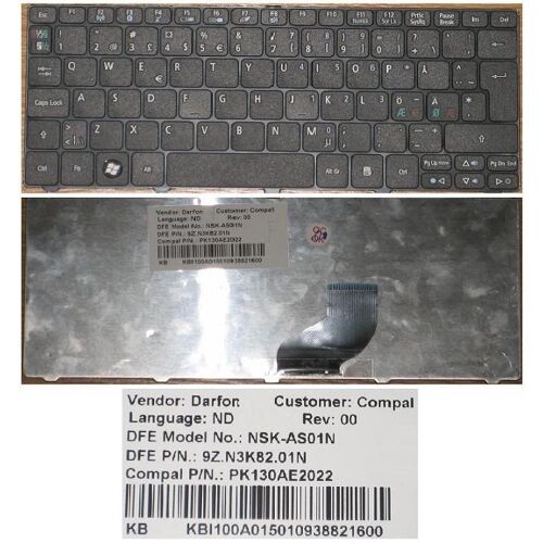 Clavier Qwerty Nordic NE Pour GATEWAY LT21, Acer One 532H Series, Noir / Black, Model: NSK-AS01N, P/N: 9Z.N3K82.01N, PK130AE2022, KHI100A0150