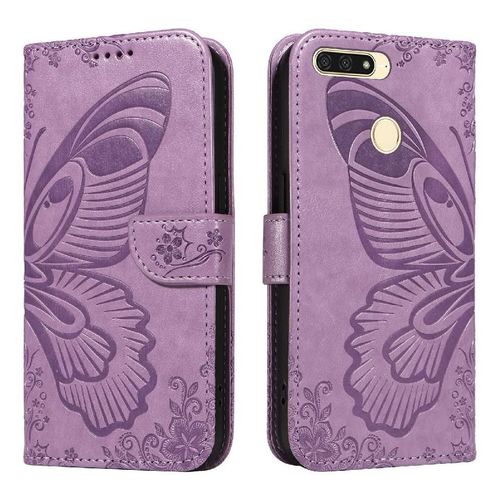 Flip Étui Pour Honor 7a Pro Cuir De Haute Qualité Sangle De Main Détachable Papillon En Relief Avec Fente Pour Carte De Crédit - Violet