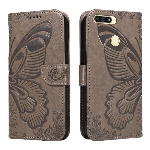 Flip Étui Pour Honor 7a Pro Cuir De Haute Qualité Sangle De Main Détachable Papillon En Relief Avec Fente Pour Carte De Crédit - Gris