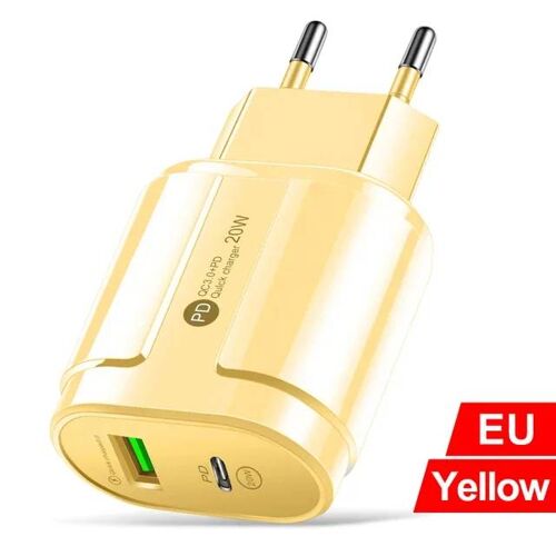 1pc 20w Chargeur Charge Rapide 5v 2a Usb Type-C Chargeur Double Ports Chargeur De Voyage Mural Couleur Macaron Prise Ue Us Pour Iphone Huawei Eu-Yellow