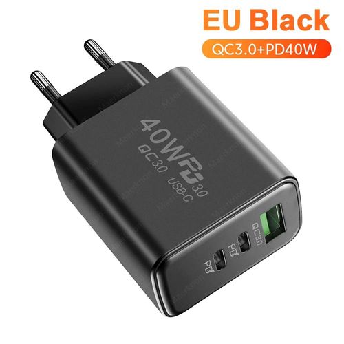 PD 60W USB chargeur 3 Ports Type C charge rapide adaptateur de chargeur de téléphone pour iPhone Xiaomi Samsung Huawei ue/US prise chargeur mural EU Black