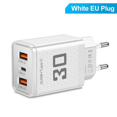 30w Usb Type C Chargeur Charge Rapide Prise Ue/Us Adaptateur De Chargeur De Téléphone Pour Iphone Samsung Xiaomi Huawei 3 Ports Chargeur Mural Rapide Eu White