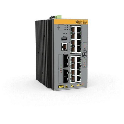 Allied Telesis AT IE340-20GP - Commutateur - C3 - Géré - 8 x 10/100/1000 (PoE+) + 8 x 10/100/1000 (PoE) + 4 x Gigabit SFP - Montage sur rail DIN, fixation murale - PoE+ (240 W) - alimentation CC