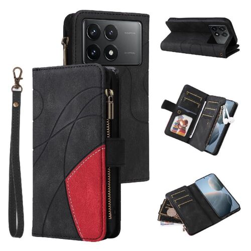 Étui Pour Xiaomi Redmi K70 Couture À Deux Couleurs Neuf Fentes Pour Cartes Avec Support De Fente Pour Carte Portefeuille À Fermeture Éclair Style Bicelle De Protection - Noir
