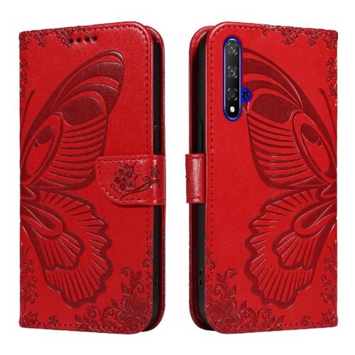 Tongez Étui Pour Huawei Nova 5t Papillon En Relief Avec Fente Pour Carte De Crédit Cuir De Haute Qualité Sangle De Main Détachable - Rouge