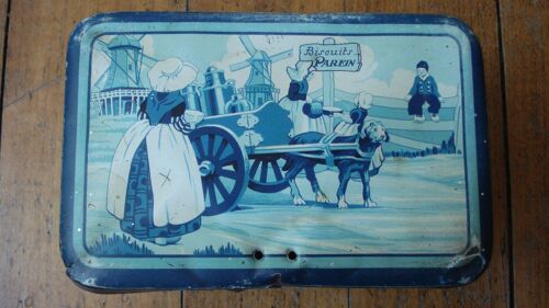 Ancienne Boite Metal Tole Lithographiée"Biscuits Parein",Attelage De Chien,Moulins,Scenes De Rue Enfantines.