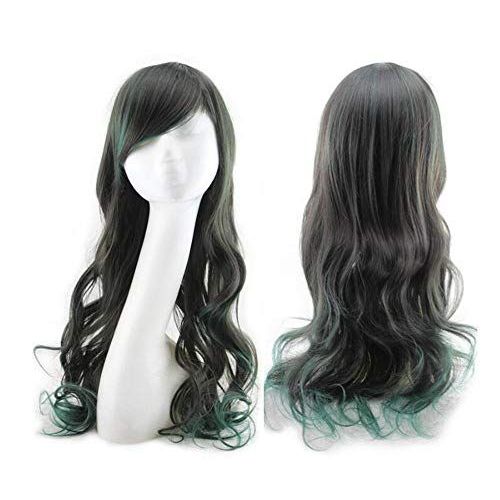 Fille Femme Perruque Longue Multicolore Bouclé Frange Fibre Bonne Qualité Coloré Noir Verte Bicolore Cosplay Déguisement Soirée Médiéval Coiffure 70 Cm