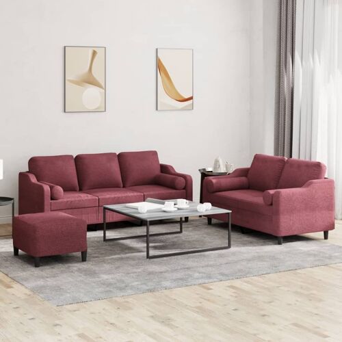 vidaXL Ensemble de canapés 3 pcs avec coussins rouge bordeaux tissu