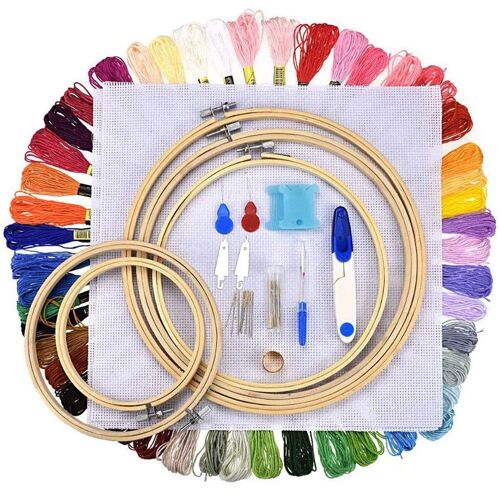 Kit D'outils De Couture En Point De Croix, Kit De Fil De Broderie Avec 5 Cerceaux En Bambou, 50 Écheveaux De Couleur, Accessoires De Fils