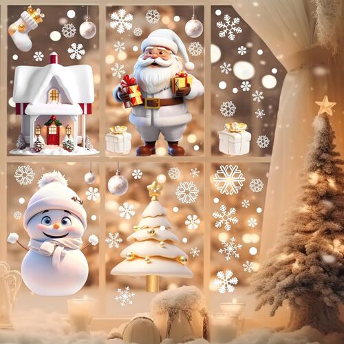 Stickers Noël Fenetre, 9 Feuilles Autocollant Noël Fenetre à Effet Stéréoscopique Blanc, Flocon de Neige Père Noël Renne Fenetre Stickers pour Decoration Noel Interieur