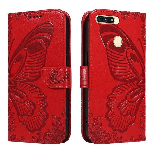 Flip Étui Pour Honor 7a Pro Cuir De Haute Qualité Sangle De Main Détachable Papillon En Relief Avec Fente Pour Carte De Crédit - Rouge