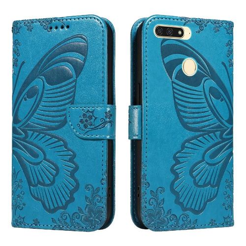 Flip Étui Pour Honor 7a Pro Cuir De Haute Qualité Sangle De Main Détachable Papillon En Relief Avec Fente Pour Carte De Crédit - Bleu