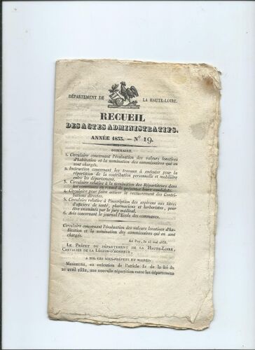 Recueil Des Actes Administratifs Département De La Haute-Loire Années 1833 N° 19