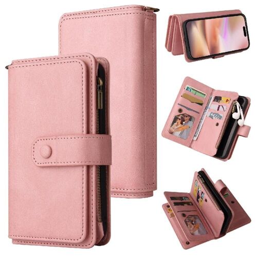 Portefeuille Téléphone Étui Pour Iphone 16 Plus Quinze Fentes Pour Cartes Poket À Fermeture Éclair Fermeture Magnétique En Cuir Pu Avec Support De Fente Pour Carte - Couleur Rose