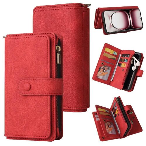 Portefeuille Téléphone Étui Pour Oppo Reno 12 Pro 5g Fermeture Magnétique En Cuir Pu Avec Support De Fente Pour Carte Quinze Fentes Pour Cartes Poket À Fermeture Éclair - Rouge