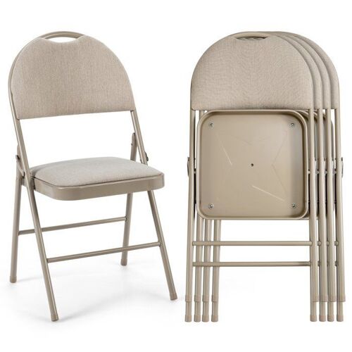 Costway Lot De 4 Chaises Rembourrées Pliables Avec Dossier Recouvert De Tissu, Cadre En Métal Solide, Patins Antidérapants, Beige