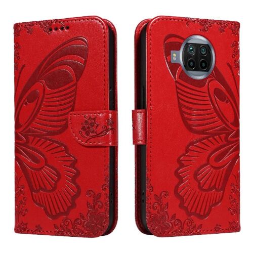 Tongez Étui Pour Xiaomi 10t Lite 5g Papillon En Relief Avec Fente Pour Carte De Crédit Cuir De Haute Qualité Sangle De Main Détachable - Rouge