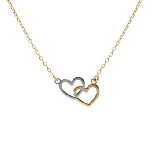Collier Argent Chaîne Doré 2 Coeurs Lisses - 1 Argent Rhodié Et 1 Argent Dore 40+4cm