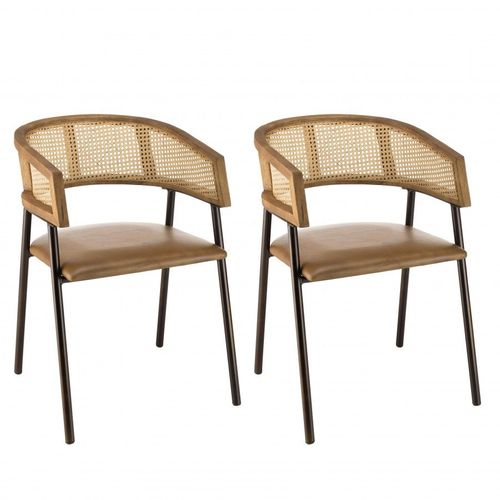Lot De 2 Fauteuils Assise Cuir Dossier En Manguier Et Rotin