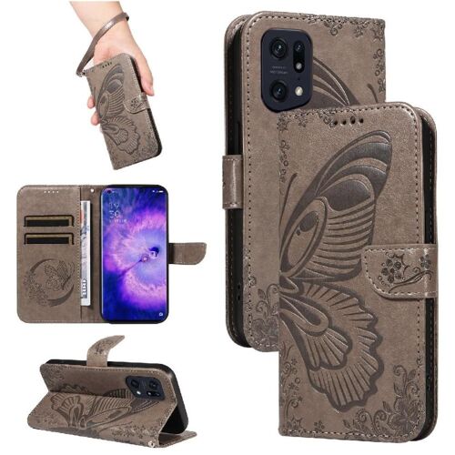 Flip Étui Pour Oppo Trouver X5 Pro Avec Fente Pour Carte De Crédit Papillon En Relief Cuir De Haute Qualité Sangle De Main Détachable - Gris