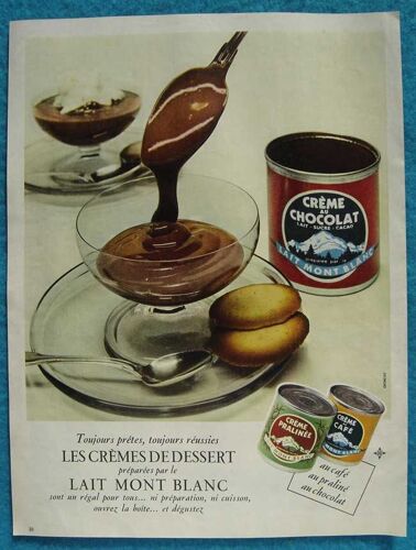 Publicité Papier - Lait Mont Blanc. Crème Au Chocolat (Lait, Sucre, Cacao) De 1955