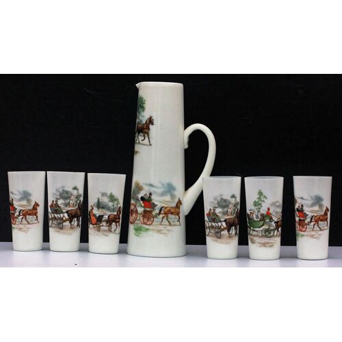 Service À Orangeade En Opaline« Orval »: Carafe + 6 Verres, Motifs: Calèches Et Voitures À Chevaux