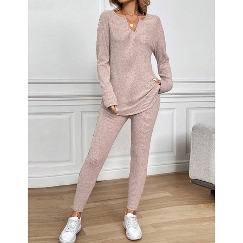 Femme Ensemble Deux Pièces Leggings À Manches Longues Tricot Côtelé Survêtement Col En V Tenue De Loisirs Sport Automne Hiver