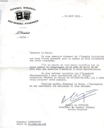 Lettres Manuscrites Et Dactylographiees, Le Prix Des Trois Couronnes, 1965 (Archives De Pierre Daguerre)