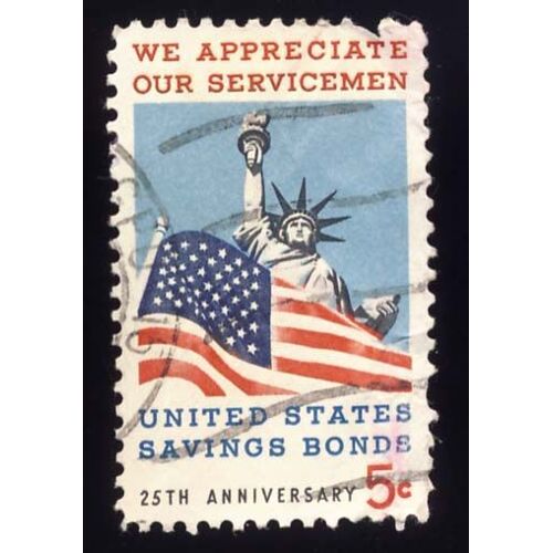 Timbre U S A, We Appreciate Our Servicemen, United State Savings Bonds 25th Anniversery 5 Cents, Oblitéré