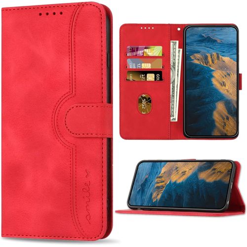 Coque Pour Galaxy A7 2018, Antichoc Etui En Cuir Pu Avec Fentes Pour Cartes, Magnétique Housse Pour Samsung Galaxy A7 2018, Rouge[X3526]