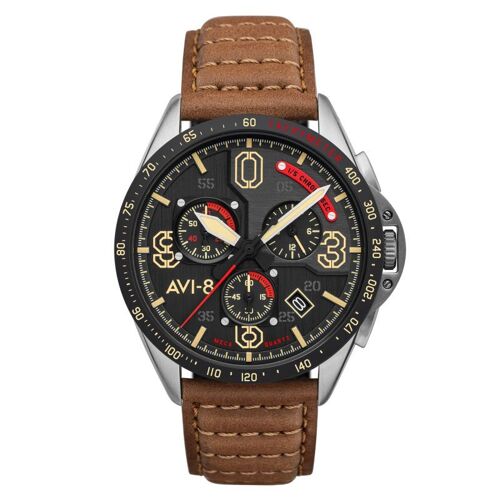 Montre Avi-8 P-51 Mustang Méca-Quartz Chronographe - Cadran Noir - Bracelet Marron
