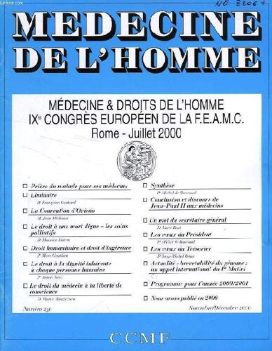 Medecine De L'homme, N° 250, Nov.-Dec. 2000, Revue Du Centre Catholique Des Medecins Francais