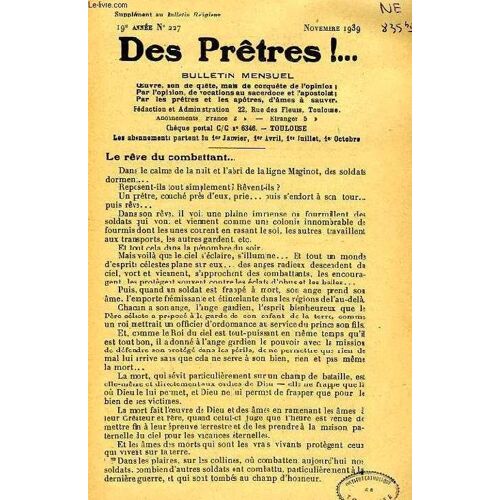 Des Pretres !, Supplement Au Bulletin Religieux, 19e Annee, N° 227, Nov. 1939
