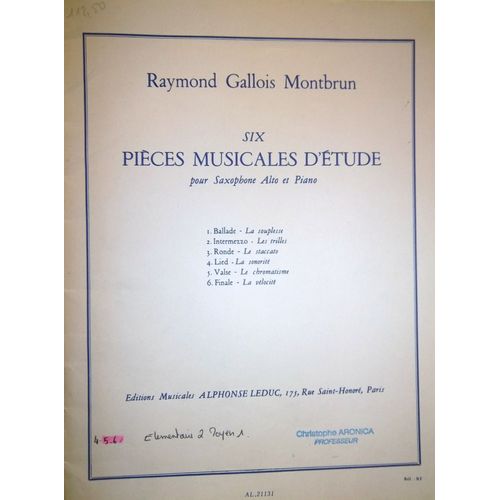 6 Pièces Musicales D'étude Saxophone Alto En Mib Et Piano