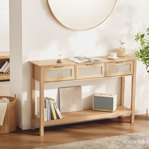 Table Console En Rotin-Vevor-2 Tiroirs-Porte Coulissante-1305 X 300 X 815 Mm-Rangement-Salon-Bureau-Entrée Ou Mur Tv-Couleur Du Bois