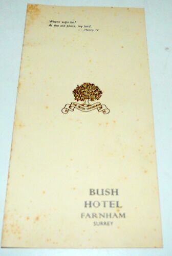 Bush Hôtel Farnham, Surrey, Royaume-Uni, Menu Du Restaurant Années 50