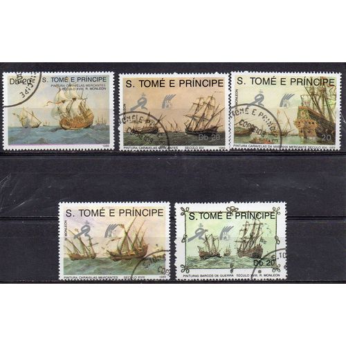 S. Tomé E Principe- Série De 5 Timbres Oblitérés Avec Surcharge- Voiliers
