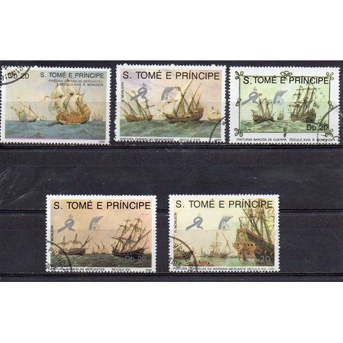 S. Tomé E Principe- Série De 5 Timbres Oblitérés Avec Surcharge- Voiliers