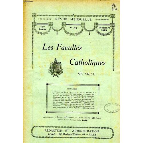 Les Facultes Catholiques De Lille, 16e Annee, N° 3, Dec. 1925